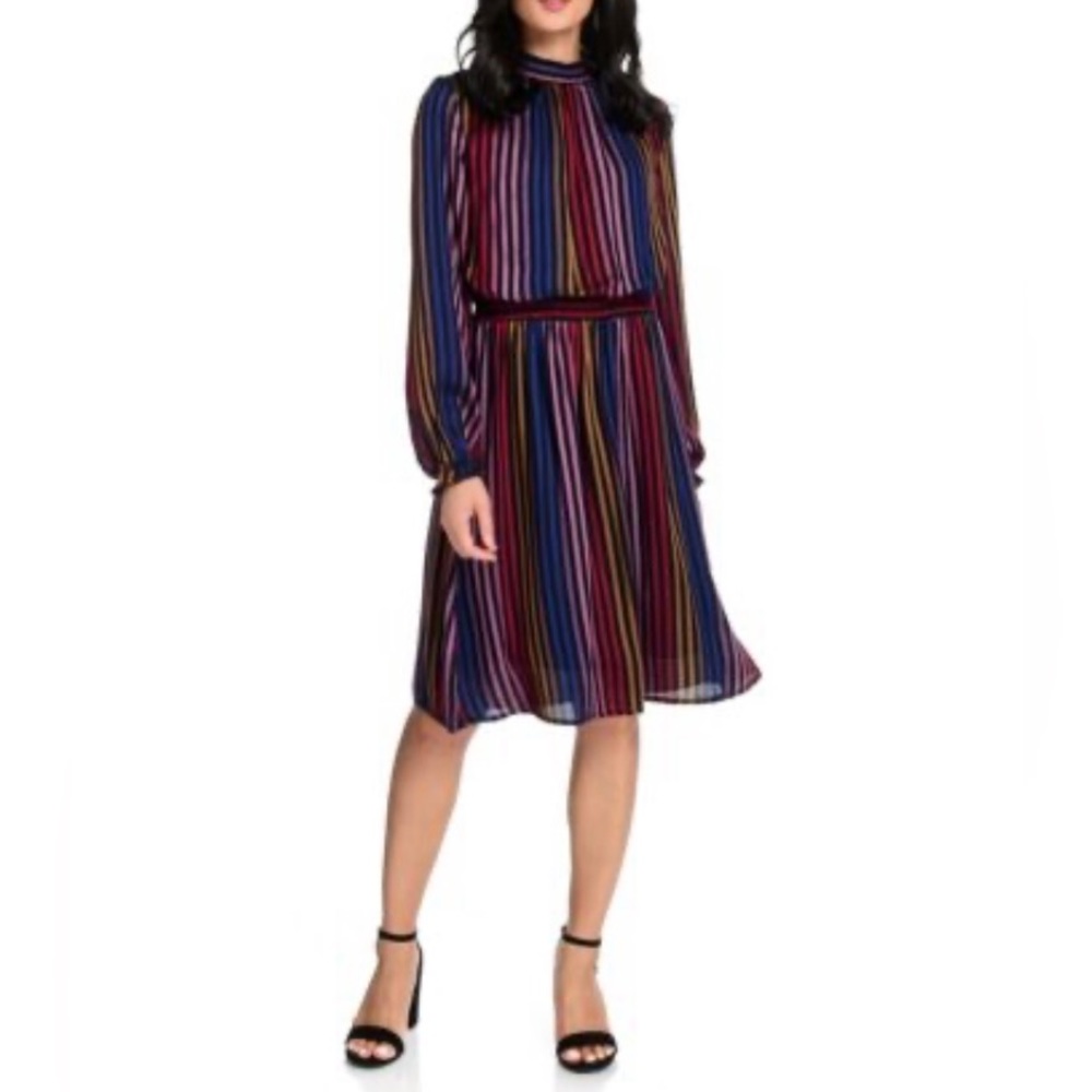 mod x Striped Woven Long Sleeve Mock Neck Keyhole Back Dress…New!